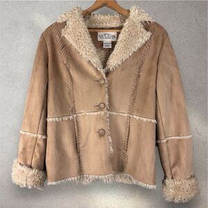 Vtg Penny Lane Coat Jacket Faux Suede‎ Shaggy Fur Trim Beige Boho Y2K 70s Sz L